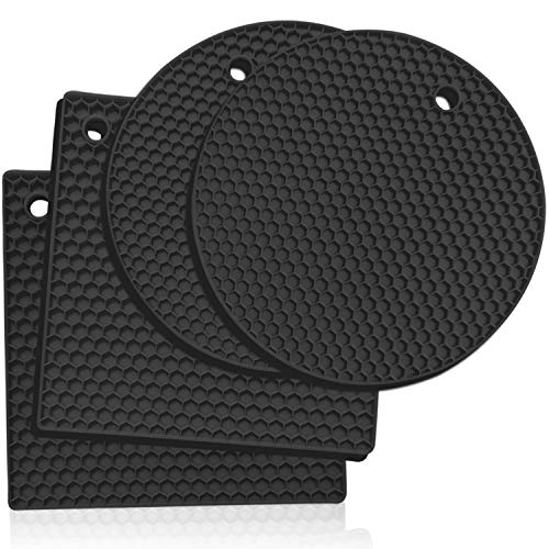 4 Premium Silicone Hot Pads for Kitchen, Trivets for Hot Pots and Pans, Flexible Heat Resistant Trivets for Hot Dishes, Multipurpose Non Slip Silicone Mat for Kitchen Counter, Oven Mitts – Black