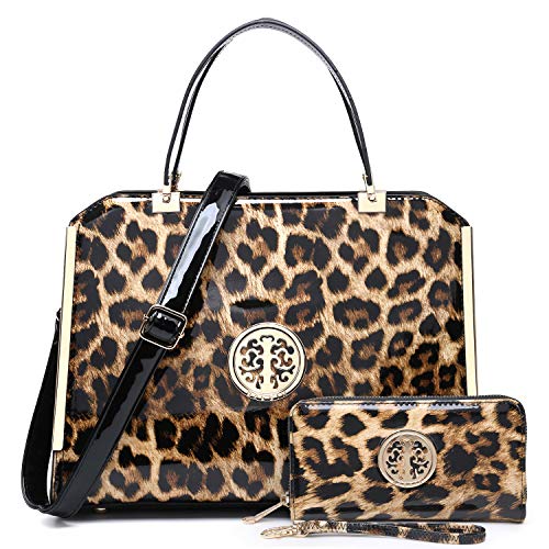 Dasein Women Large Handbag Purse Vegan Leather Satchel Work Bag Shoulder Tote with Matching Wallet (Leopard)