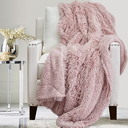 The Connecticut Home Company Throw Blanket, Soft Plush Reversible Shag and Sherpa, Warm Thick Throws for Bed, Comfy Washable Bedding Accent Blankets for Sofa Couch Chair, 65×50, Dusty Rose