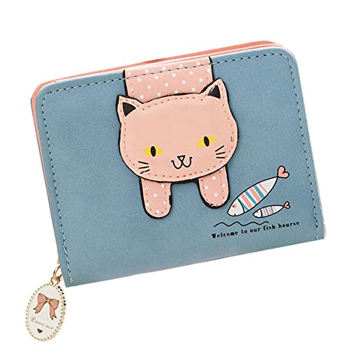 Girls Women Small Wallet Cute Cat Pattern Clutch Purse Coin Holder Card Organizer (Blue)