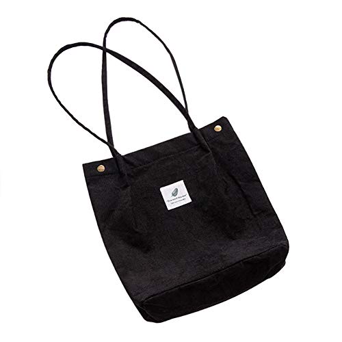 Belsmi Womens Ladies Girls 13 Inches Heavy Corduroy Cotton Shoulder Bag Shopping Vintage Casual Handbags Canvas Tote Bag (Black)