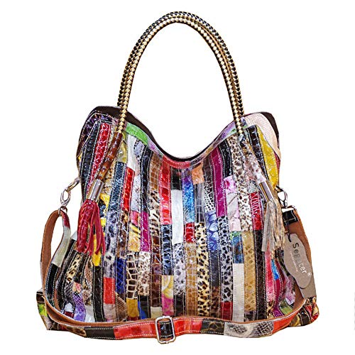 Segater® Women’s Multicolor Big Boston Bag Genuine Leather RANDOM Colorful Patchwork Large Tote Handbag Hobo Large Capacity Crossbody Bag Big Hobo Purse