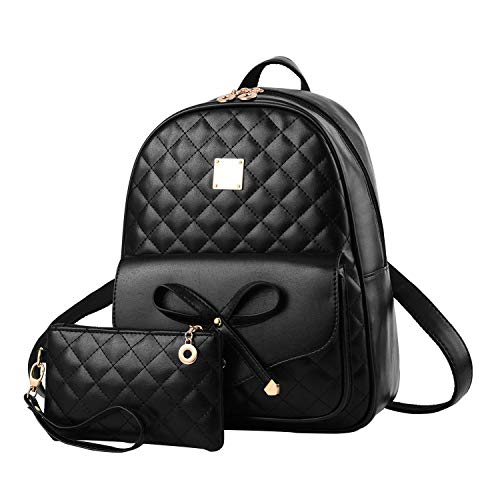 I IHAYNER Girls Bowknot 2PCS Vegan Leather Backpack Mini Backpack for Women Small backpack Purse Cute Mini Backpack for Girls Black