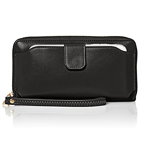 Women Wristlet Wallet with Cell Phone Holder Zip Around Wallet PU (Black)