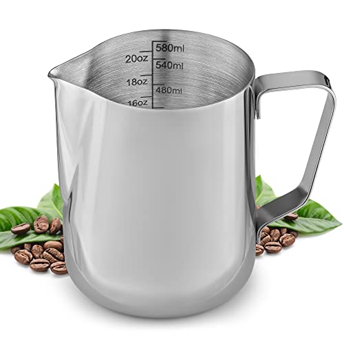 20oz/580ml Milk Frothing Pitcher Stainless Steel – Best Milk Frother Steamer Cup – Easy to Read Creamer Measurements Inside – Foam Making for Coffee Matcha, Chai, Cappuccino, Lattes