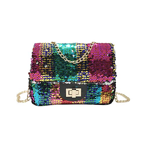 Sequin Crossbody Purse Shoulder Bags Rainbow Stylish Handbag Reversible Pouch with Chains for Girls Womens