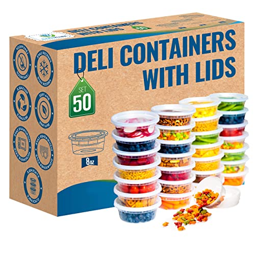 Deli Plastic Food Containers with Airtight Lids, Leakproof Slime Small Combo Pack [Reusable, Storage, Disposable, Meal Prep, Soup, Microwaveable & Freezer Safe] (8oz-50 Sets)