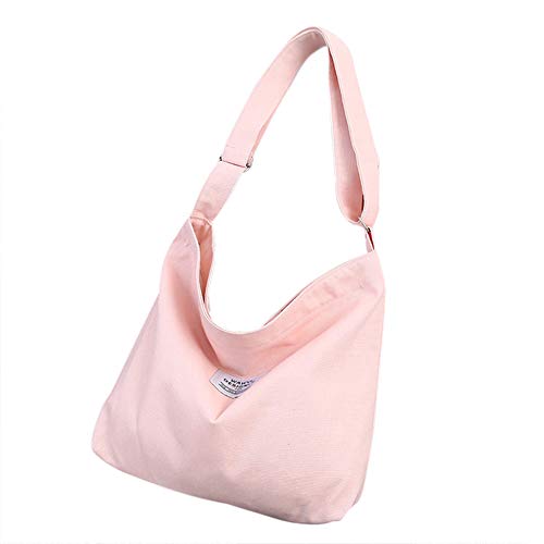 Belsmi Womens Ladies Girls Zippers Large 16″ Heavy Lightweight Cotton Polyester Shoulder Bag Shopping Retro Casual Handbags Canvas Totes Bag (Pink)
