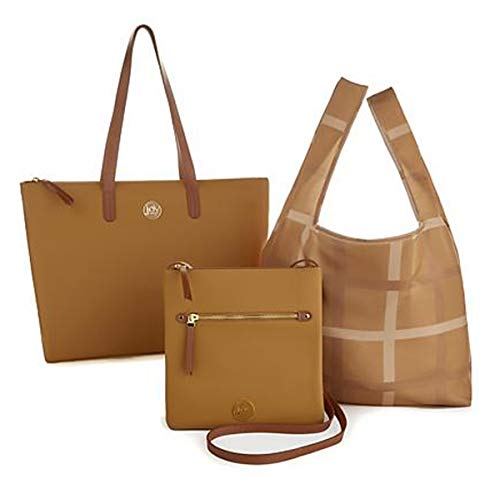 JOY Mangano Luxe Genuine Leather Handbag, Chic Crossbody Plus Shopper Tote ~ Camel