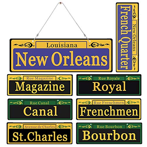 2020 Mardi Gras Decorations New Orleans Street Signs 8 Pack Ornaments – 1:1 Size Duplex Printed PVC Made Mardi Gras Party Table Decor, with Extra Metal Chain for Outdoor Carnival Hanging
