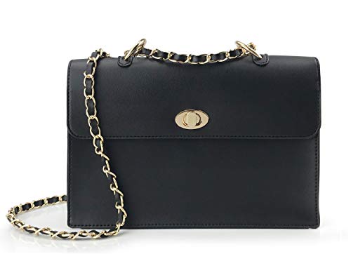 Women Chain Shoulder Handbag with Turn Lock Minimalist Flap Top Cross Body Bag Purse (Black) Medium