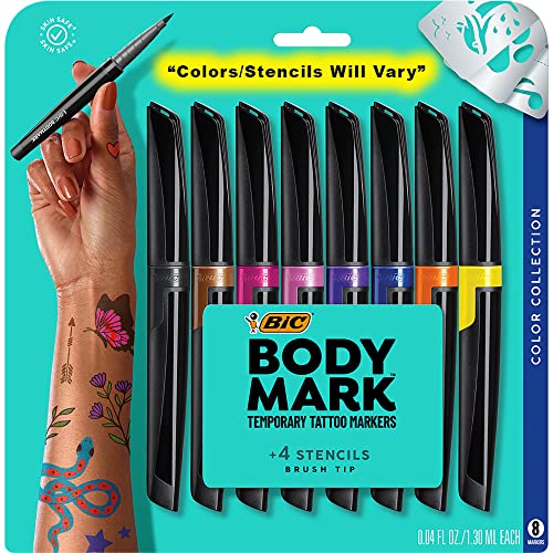 BIC BodyMark Temporary Tattoo Markers for Skin, Color Collection, Flexible Brush Tip, 8-Count Pack of Assorted Colors, Skin-Safe*, Cosmetic Quality (MTBP81-AST)
