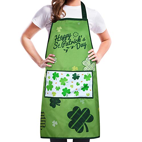 CHENGU St. Patrick’s Day Apron with Huge Pocket and Extra Long Ties, Traditional Irish Clovers Shamrocks Pattern for Home and Kitchen Gift