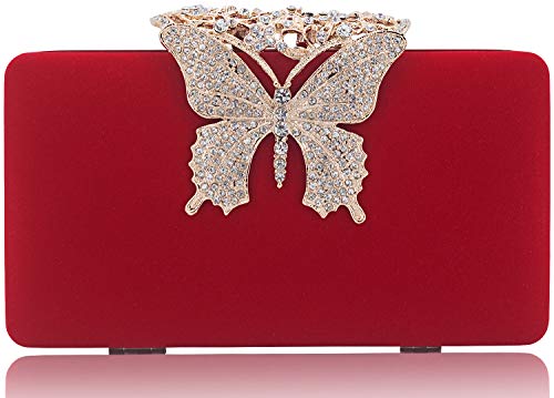 Dexmay Unique Velvet Clutch with Rhinestone Crystal Butterfly Clasp Women Evening Bag for Formal Party Red