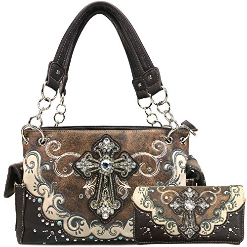 Justin West Mustang Cross Handbag Purse For Girls Women Concealed Carry (Brown Handbag Wallet Set)