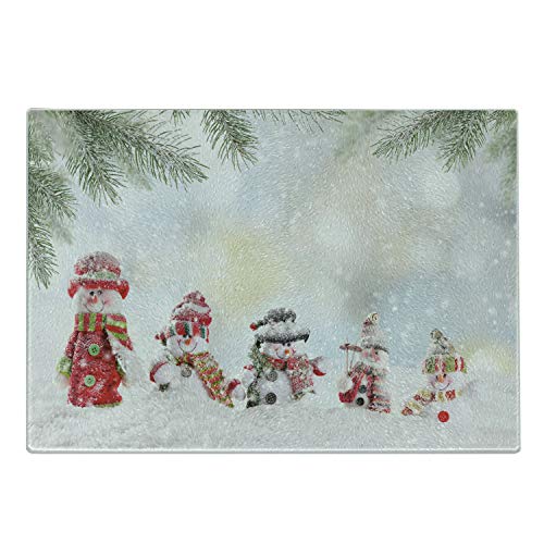 Ambesonne Christmas Cutting Board, Depiction with Snowman and Falling Snow Ice Frozen Blizzard Themed Art Print, Decorative Tempered Glass Cutting and Serving Board, Small Size, Red Green