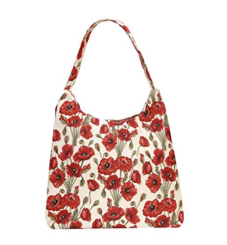Signare Red and White Women’s Fashion Canvas Top Zip Hobo Shoulder Bag Beach Bag with Poppy Flower (HOBO-POP)