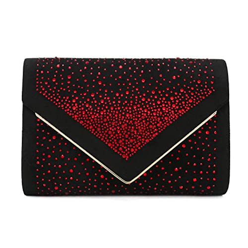 Charming Tailor Envelope Purse Formal Faux Suede Clutch Rhinestone Evening Bag for Women Party Handbag (Black/red)