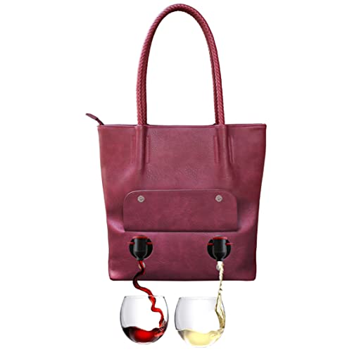 PortoVino Double Pour Vegan Leather Tote Bag with Hidden Insulated Flask Compartment and Dispenser with Spout that Hold 2 separate Bottles Of Wine! Perfect for Traveling, Concerts, Bachelorette Party!