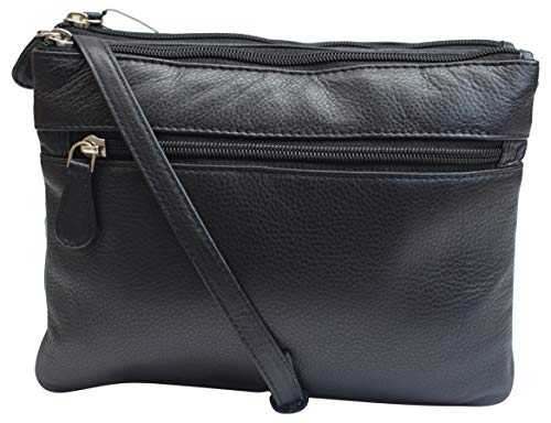 Swiss Marshal Genuine Leather Womens Purse Double Zipper Top Pockets Crossbody Shoulder Bag for Ladies (Black)