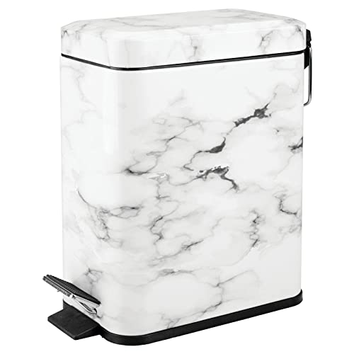 mDesign Small Modern 1.3 Gallon Rectangle Metal Lidded Step Trash Can, Compact Garbage Bin with Removable Liner Bucket and Handle for Bathroom, Kitchen, Craft Room, Office, Garage – White Marble