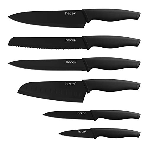 hecef Black Oxide Knife Set of 6 with Matching Blade Protective Sheath, Black Kitchen Knife Set, Scratch Resistant & Rust Proof, Hard Stainless Steel, Non Stick Black Color Coating Blade Knives