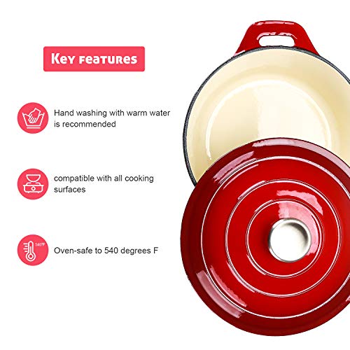 Puricon 5.5 Quart Enameled Cast Iron Dutch Oven with Lid, 5.5 QT Deep Round Dutch Oven Pot with Dual Handles -Red | The Storepaperoomates Retail Market - Fast Affordable Shopping