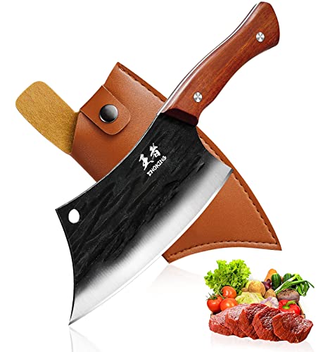 ENOKING Meat Cleaver Hand Forged Chef Knife High Carbon Steel Kitchen Butcher Knife with Full Tang Handle Leather Sheath Chopping Knife for Kitchen, Camping, BBQ