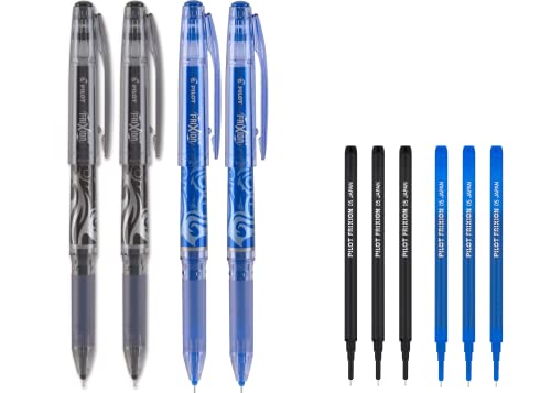 PILOT FriXion Point Erasable & Refillable Gel Ink Pens, Extra Fine Point, Blue Ink, 2 Black and 2 Blue Pens, and 3 black and 3 Blue Refills,