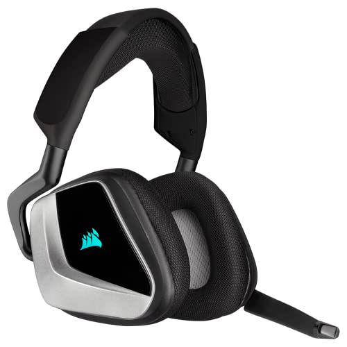 Corsair VOID RGB ELITE Wireless Premium Gaming Headset with 7.1 Surround Sound, Silver Edition (Microfiber Mesh Fabric, Omnidirectional Microphone, Up to 40ft of Range, On-Ear Controls, RGB Lighting)