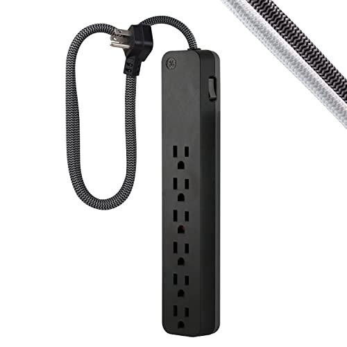 GE 6-Outlet Surge Protector, 3 Ft Braided Extension Cord, Power Strip, 840 Joules, Flat Plug, UL Listed, Black, 62690