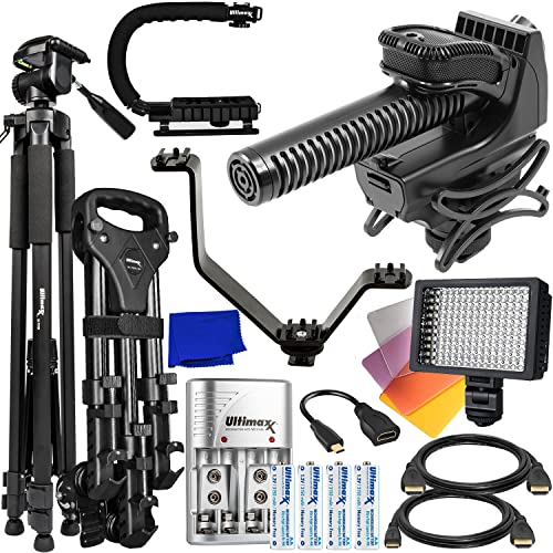 Azden SMX-30V Stereo/Mono Mixable Video Microphone + Ultra-Bright LED Video Light, Lightweight 60” Tripod, Retractable Tripod Dolly, V-Shaped Flash Bracket w/ 3 Cold Shoes & Much More (19pc Bundle)
