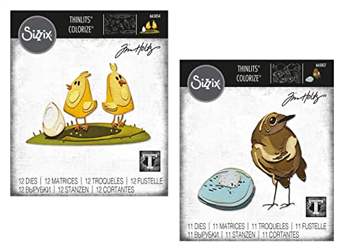 Tim Holtz Sizzix Spring Easter 2022 Die Bundle, Papercut Chicks, Bird and Egg Colorize, Bundle of 2 Dies (665857, 665854)