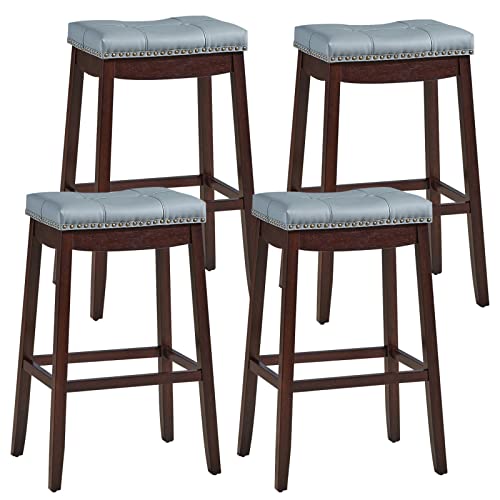 COSTWAY Bar Stools Set of 4, 29-Inch Height Backless Counter Stool with Footrest, Soft Seat Cushion, Wood Legs and Non-Slip Foot Pad, Saddle Stools for Home Kitchen Living Room, Stone Gray+Dark Brown