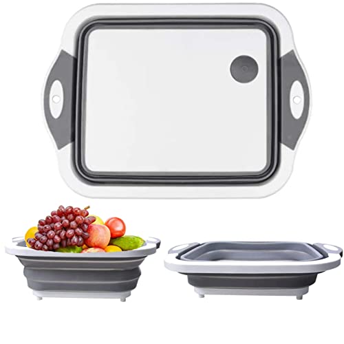 Seagomall Collapsible Cutting Board, Space Saving 3 in 1 Multifunctional Chopping Board, Fruit & Vegetable Container Basket, Washing & Drain Basket for Camping & Picnic & Kitchen, Grey & White, XL