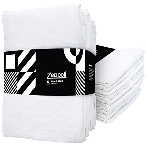 Zeppoli Flour Sack Towels -12-Pack – 28″ x 28″ 100% Cotton Linen Kitchen Towels – Absorbent Flour Sack Dish Towels – White Tea Towels for Kitchen – Ring Spun Cotton White Dish Drying Towels
