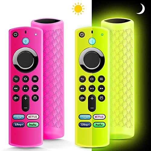 (2 Pack) Fire Stick Remote Cover 3rd Gen with Alexa Voice Remote 4K/4K Max,Firesticktvs Remote Cover Glow in The Dark,Anti Slip Silicone Protective Case with Lanyard(Glow Yellow&Rose Red)