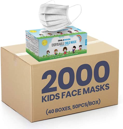 SMILE+MASK Bulk 2000 Pcs Disposable Children’s Size Face Masks, Boys and Girls, White, Thick 3-Layers Breathable Kids Face Masks For Childcare, Schools, (40 Boxes, 50pcs/Box), 50 Count (Pack of 40)
