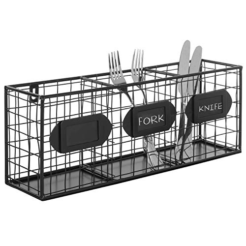 MyGift Utensil Organizer Wall Mounted Black Metal Kitchen Silverware Flatware Caddy Holder, Countertop Storage Basket with 3 Compartments and Chalkboard Labels | The Storepaperoomates Retail Market - Fast Affordable Shopping