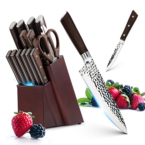 FEECOOL knife Set, Kitchen Knife Set,15 Pieces Knife Set with Block, Germany High Carbon Stainless Steel Chef Knife Block Set, Knives Set for Kitchen with Sharpener, Ultra Sharp Chef Knife Set, Brown