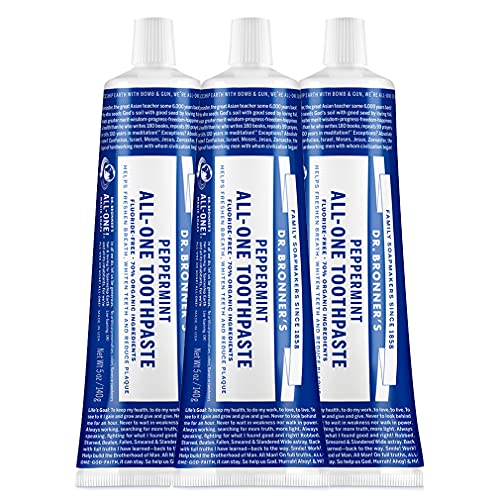 Dr. Bronner’s – All-One Toothpaste (Peppermint, 5 ounce, 3-Pack) – 70% Organic Ingredients, Natural and Effective, Fluoride-Free, SLS-Free, Helps Freshen Breath, Reduce Plaque, Whiten Teeth, Vegan