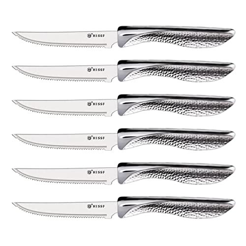 HISSF Steak knives Set of 6, Serrated Stainless Steel Sharp Blade Flatware Steak Knife Set, Unique Hammered Pattern Hollowed Handle,4.5 In,For Kitchen Restaurant Tableware, Dishwasher Safe