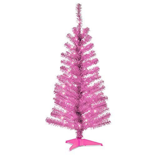National Tree Company Pre-Lit Artificial Christmas Tree, Pink Tinsel, White Lights, Includes Stand, 4 feet