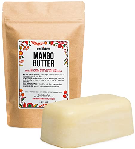 Better Shea Butter Raw Mango Butter | 100% Natural, Extracted from Mango Seed | Skin and Hair Moisturizer | Use with Shea in DIY Whipped Body Butter, Lotion, Lip Gloss and Soap Making | 1 LB block