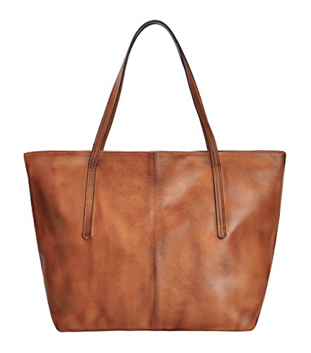 ZLYC Women Vintage Dip Dye Leather Tote Bag Handbag Large Zippered Shoulder Bag, Brown