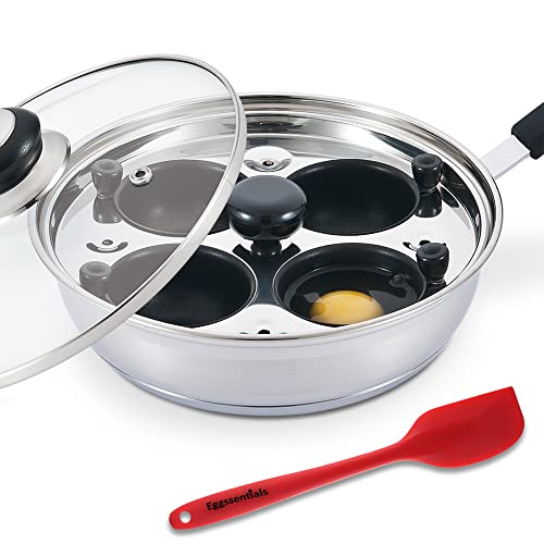 Eggssentials Egg Poacher Poached Egg Maker, Stainless Steel Egg Poaching Pan, Poached Eggs Cooker Food Grade Safe PFOA Free with Spatula