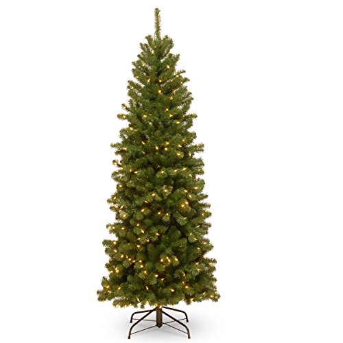 National Tree Company Pre-Lit Artificial Slim Christmas Tree, Green, North Valley Spruce, White Lights, Includes Stand, 6 Feet