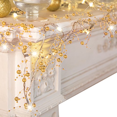Collections Etc Indoor Christmas Decorations, Festive Lighted Berry Beaded Garland Gold- 120″ L