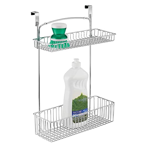 mDesign Steel Over Cabinet Kitchen Storage Organizer Holder or Basket – Hang Over Cabinet Doors in Kitchen, Pantry, Bathroom – Holds Dish Soap, Window Cleaner – Concerto Collection – Chrome