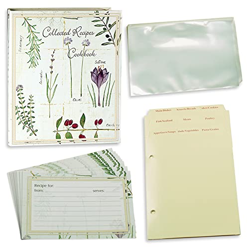 Meadowsweet Kitchens Recipe Card Holder Cookbook Mini 2 Ring Binder Organizer – Recipe Binder Cook Book w/ 25 4 x 6 Cards, 50 Clear Card Sleeves, & 9 Card Dividers w/ Categories (Botanical Treasures)